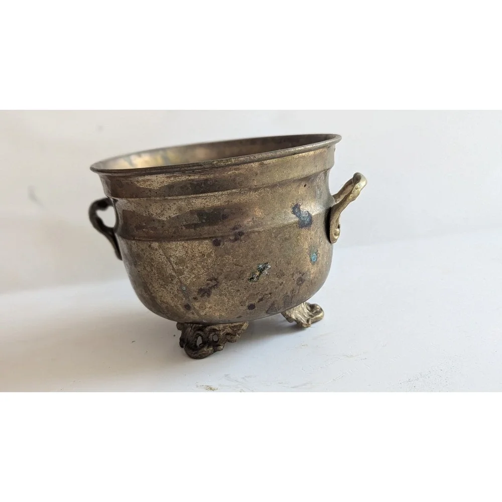 Vintage Hand Crafted Brass Footed Cauldron Planter Pot Handles Made in India